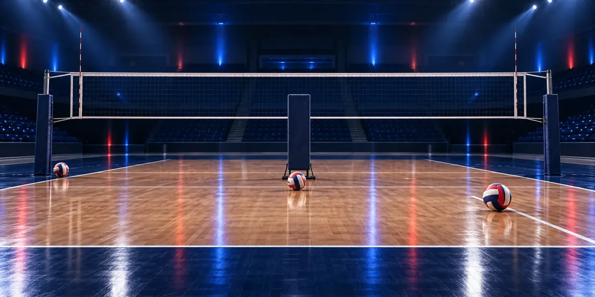 Original editorial illustration of three volleyballs on an empty red, royal blue and navy indoor court.