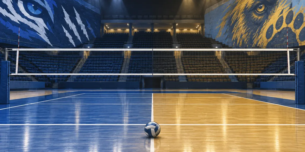 Original editorial illustration of a volleyball at center court between a royal-and-navy feline side and a powder-blue-and-gold bear side.