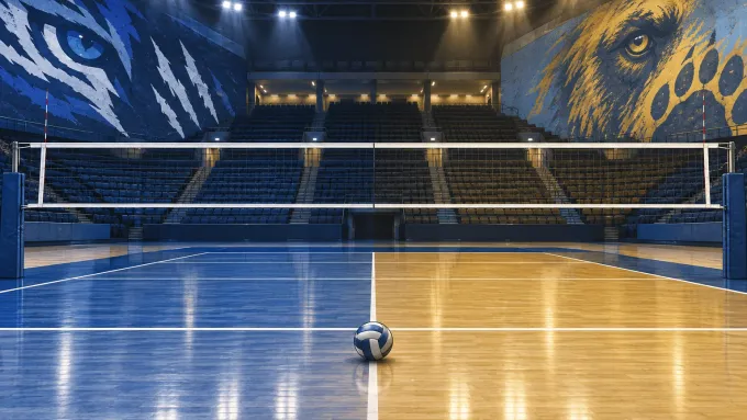 Original editorial illustration of a volleyball at center court between a royal-and-navy feline side and a powder-blue-and-gold bear side.