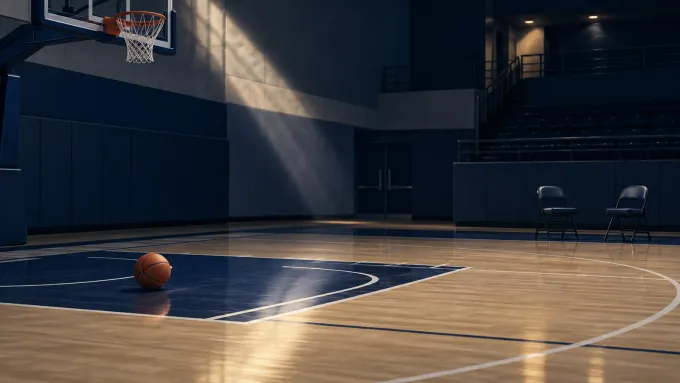 Original editorial illustration of one basketball and two empty chairs on an unbranded indoor court.