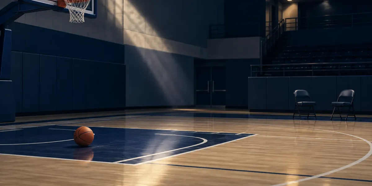 Original editorial illustration of one basketball and two empty chairs on an unbranded indoor court.