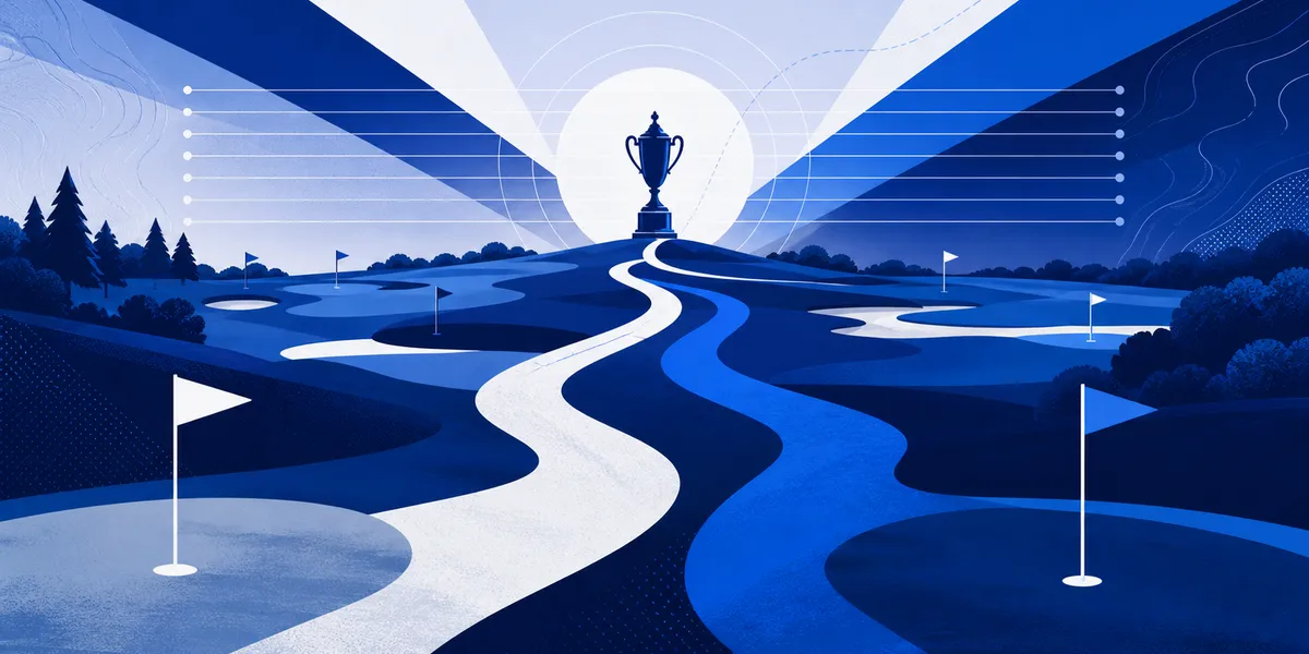Abstract navy and royal golf course art with qualifying paths and national amateur markers, created for BYU Sport Nuts.