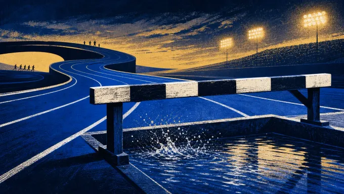 Original abstract illustration of a navy and royal blue track curving toward a steeplechase barrier and water pit under stadium lights.