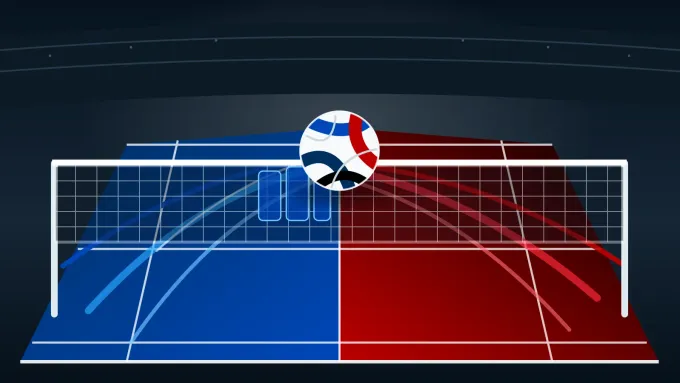 Original editorial illustration of one volleyball above a split blue and red court, with blue attack lanes meeting red service trails across the net.