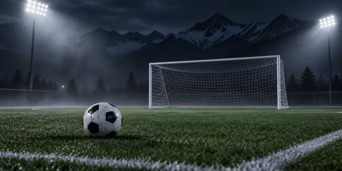 Original editorial illustration of one soccer ball beside an empty goal on a mountain field at night.