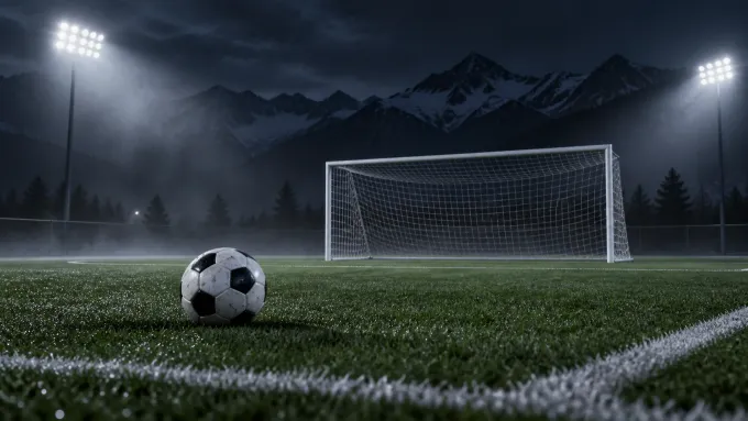 Original editorial illustration of one soccer ball beside an empty goal on a mountain field at night.