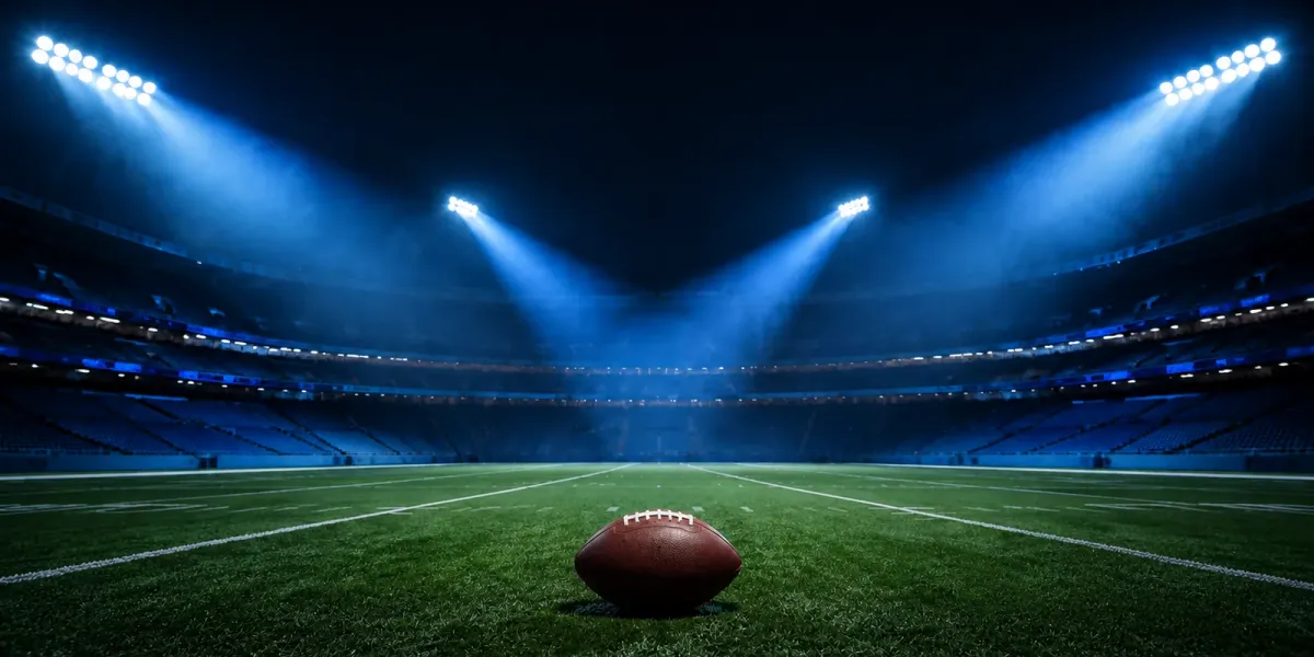 Original editorial illustration of one football on an empty field under four banks of blue stadium lights.
