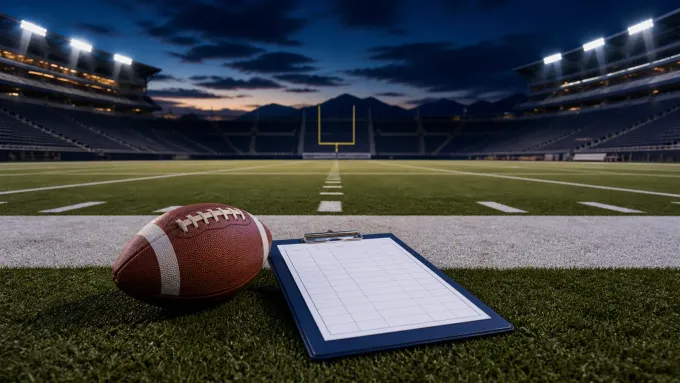 Original editorial illustration of one football and a blank depth-chart clipboard on an empty stadium sideline.