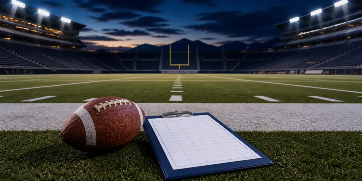 Original editorial illustration of one football and a blank depth-chart clipboard on an empty stadium sideline.