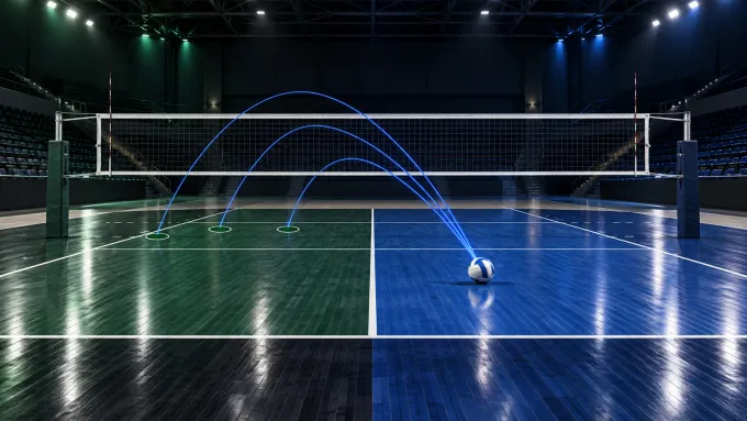 Original editorial image of an empty volleyball court split between Utah Valley green and BYU blue, with one ball and three blue attack paths crossing the net.