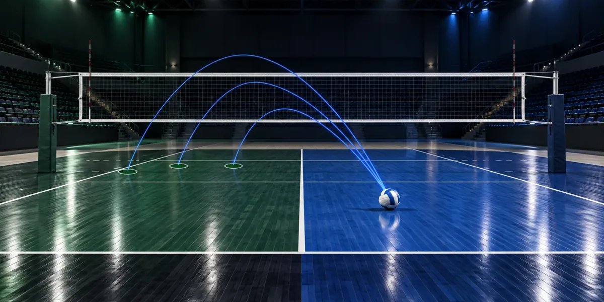 Original editorial image of an empty volleyball court split between Utah Valley green and BYU blue, with one ball and three blue attack paths crossing the net.