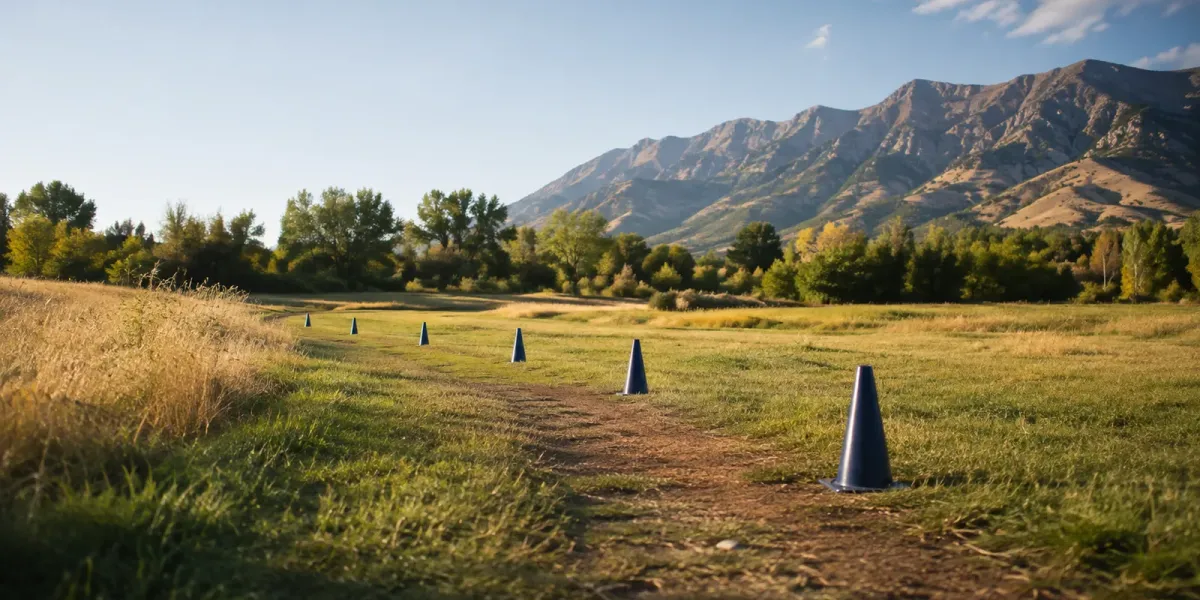 Original editorial illustration of an empty cross-country course marked by navy cones beneath Utah mountains.