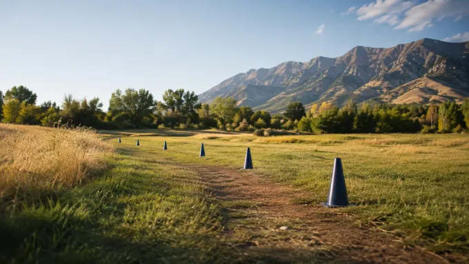 Original editorial illustration of an empty cross-country course marked by navy cones beneath Utah mountains.