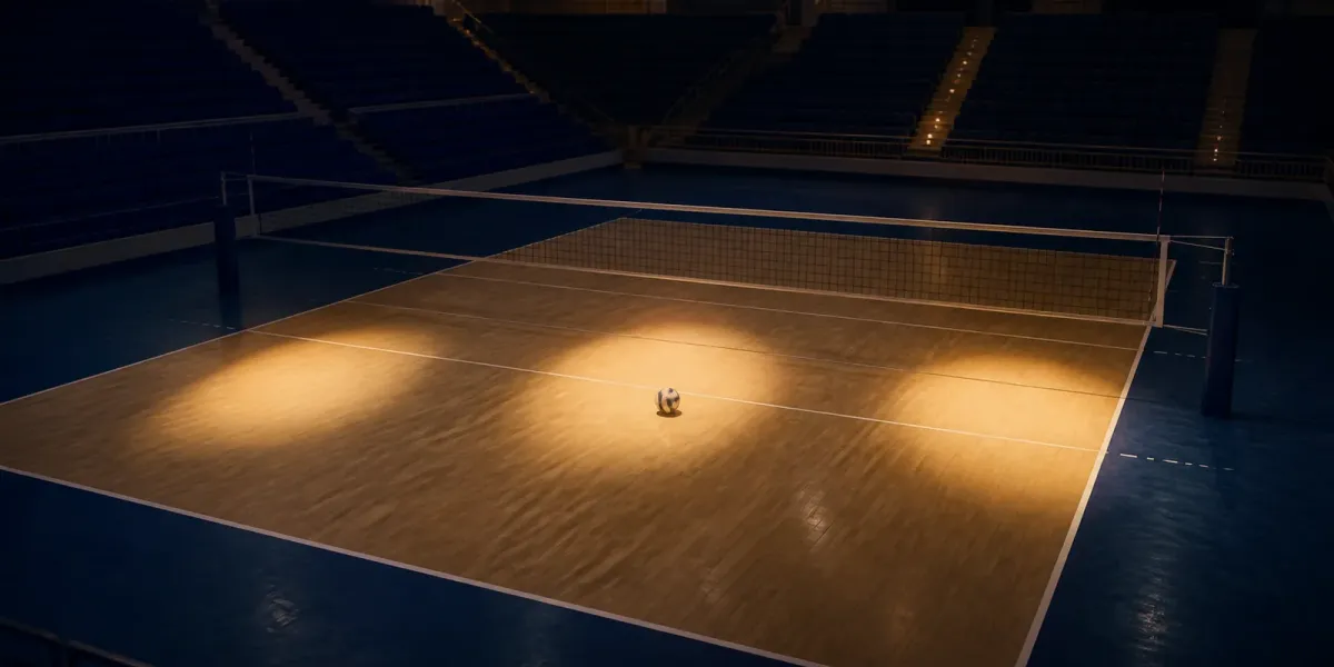 Original editorial illustration of an empty navy volleyball arena with three pools of light and one ball at center court.