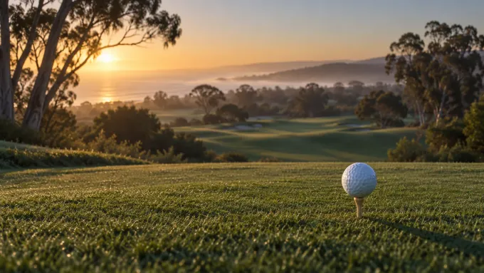 Original editorial illustration of one unbranded golf ball on an empty Southern California tee box at sunrise.