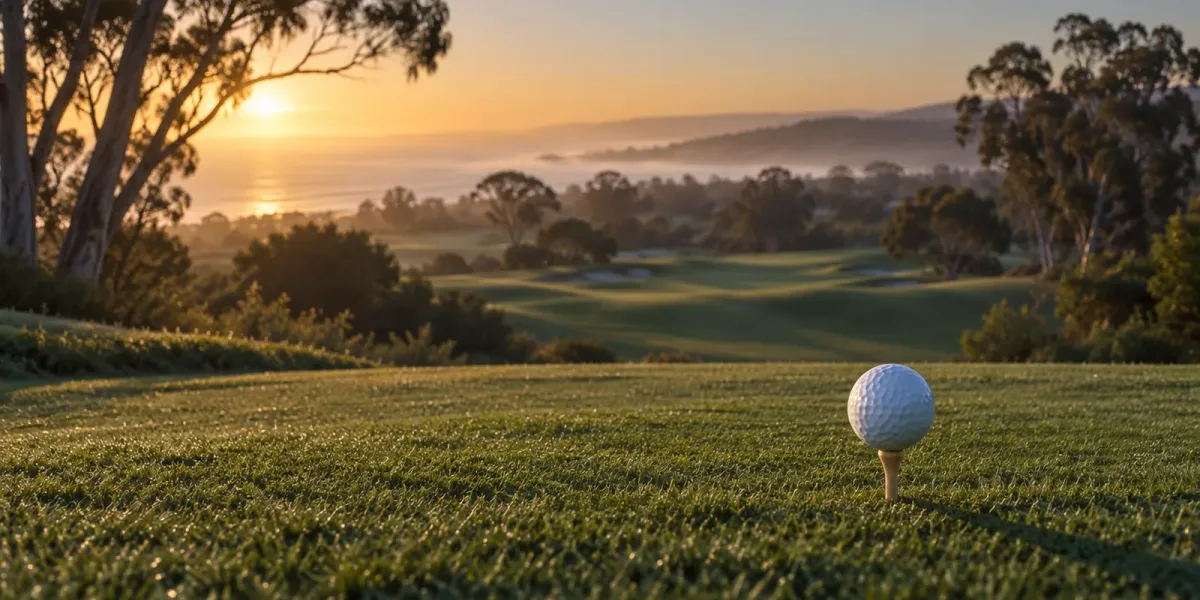 Original editorial illustration of one unbranded golf ball on an empty Southern California tee box at sunrise.