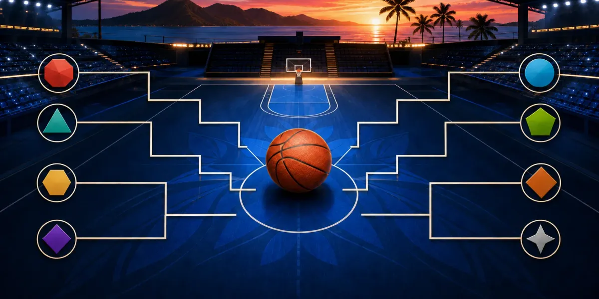 Original editorial art of an eight-team basketball bracket crossing a navy court toward an island arena at sunset.