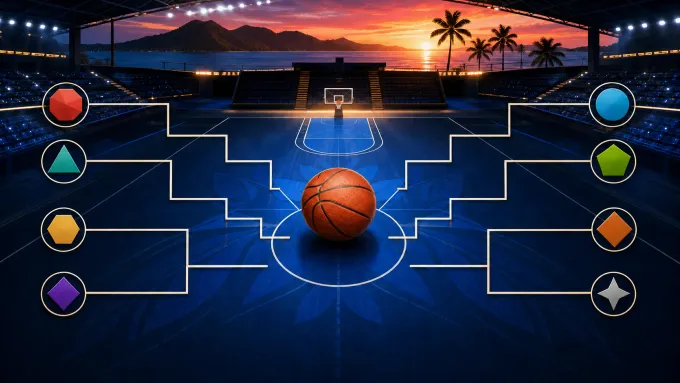 Original editorial art of an eight-team basketball bracket crossing a navy court toward an island arena at sunset.