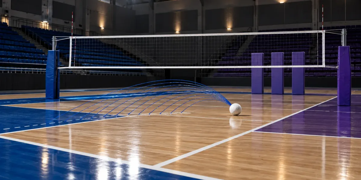Original editorial image of one volleyball on an empty court split between BYU blue and Weber State purple, with blue attack paths aimed at the right-side lane.