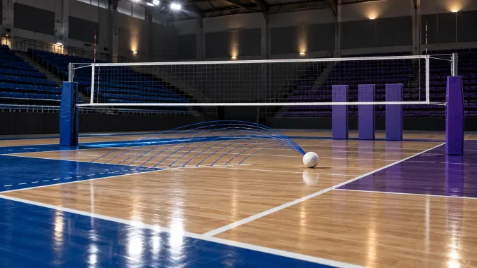 Original editorial image of one volleyball on an empty court split between BYU blue and Weber State purple, with blue attack paths aimed at the right-side lane.