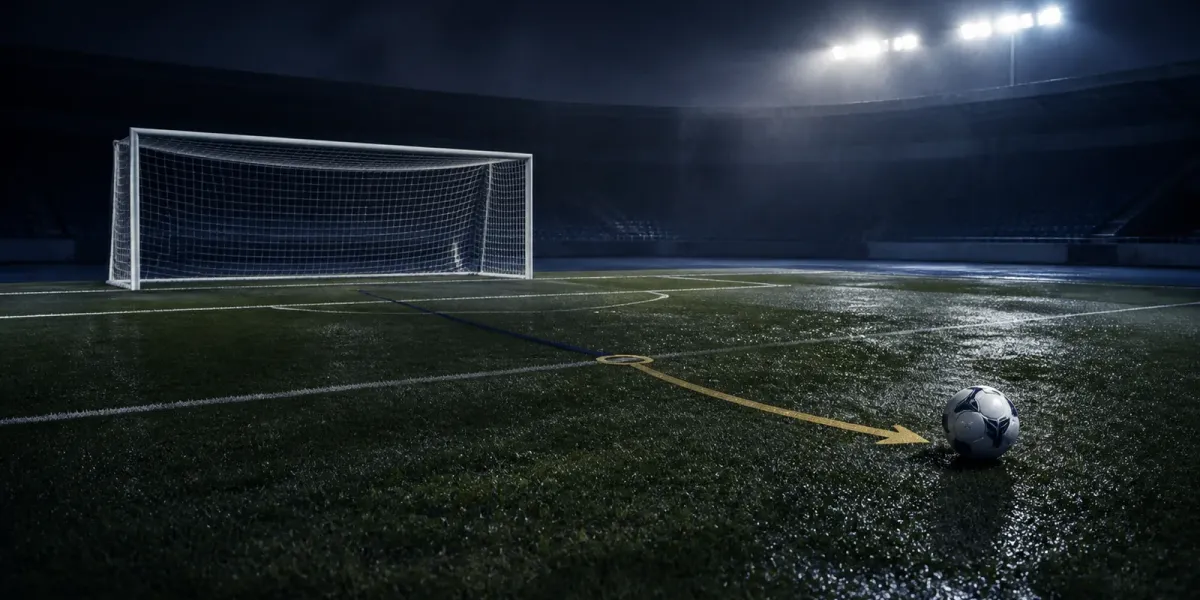Original editorial illustration of a soccer ball beyond the penalty spot on a rain-damp field in an empty stadium.