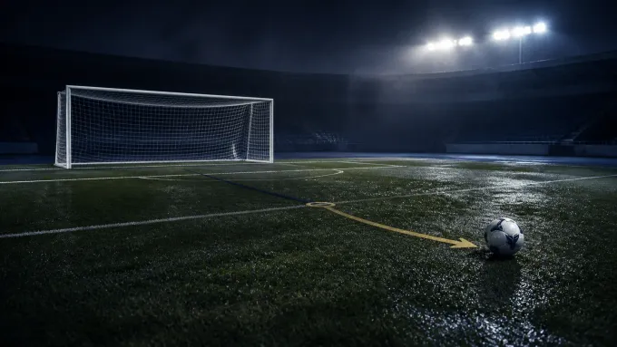 Original editorial illustration of a soccer ball beyond the penalty spot on a rain-damp field in an empty stadium.