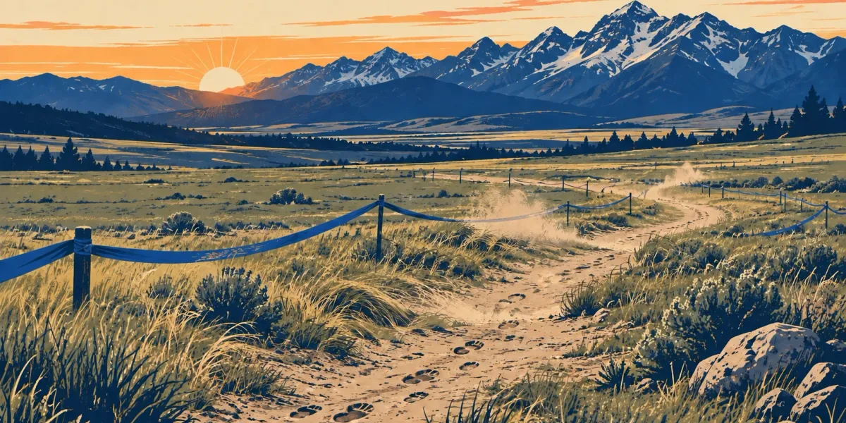 Original editorial illustration of an empty cross-country course winding toward Utah mountains at sunrise.