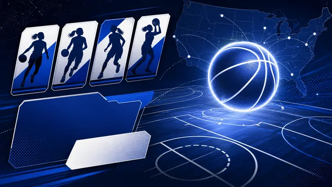 Abstract navy women's basketball court graphic with roster cards and travel-map dots, created for BYU Sport Nuts.