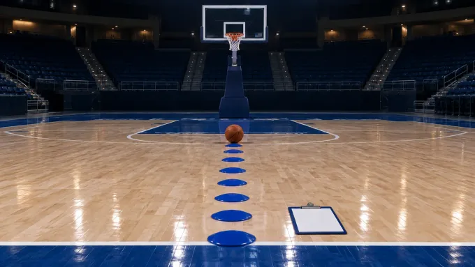 Original basketball art with one ball, seven blue floor markers, a blank clipboard and an empty hoop in a dark arena.