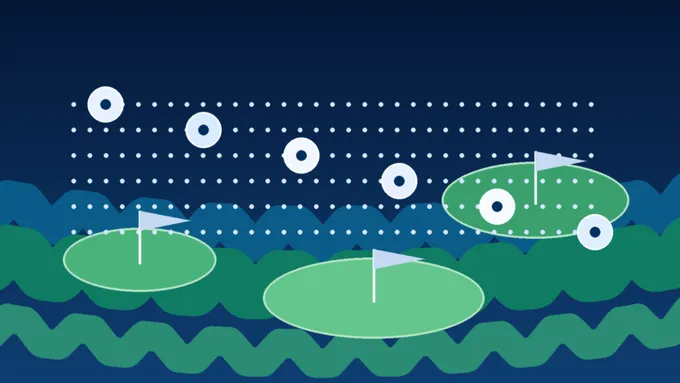 Abstract navy and green golf course art with six amateur tournament paths and tee markers, created for BYU Sport Nuts.