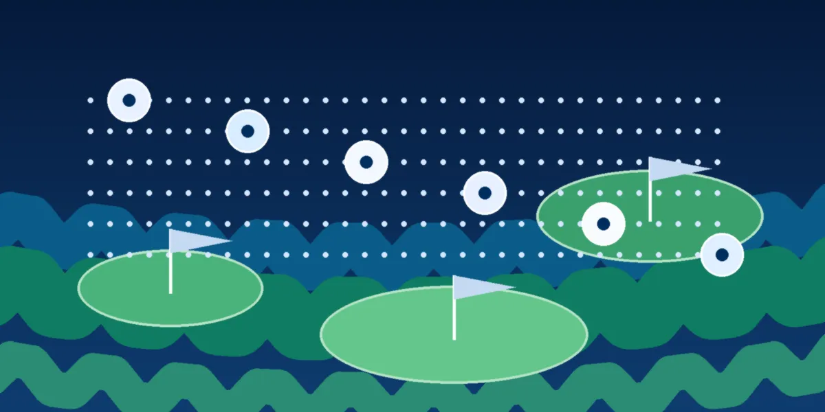 Abstract navy and green golf course art with six amateur tournament paths and tee markers, created for BYU Sport Nuts.