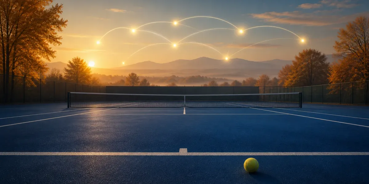 Original editorial illustration of one tennis ball on an empty blue court with glowing travel paths over autumn mountains.