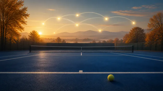 Original editorial illustration of one tennis ball on an empty blue court with glowing travel paths over autumn mountains.
