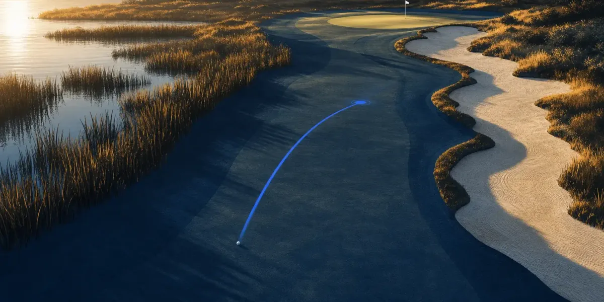 Original editorial golf art showing a blue strategy line choosing safe fairway between marsh and sand on a closing hole.