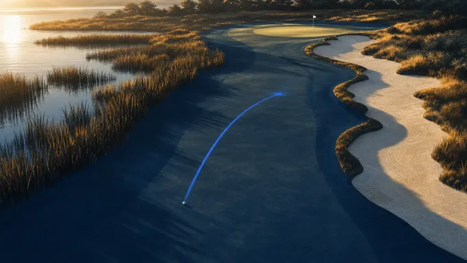 Original editorial golf art showing a blue strategy line choosing safe fairway between marsh and sand on a closing hole.