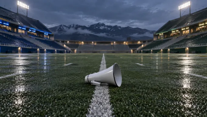 Original editorial illustration of one switched-off megaphone on an empty rain-soaked field between blue and green stadium sections.