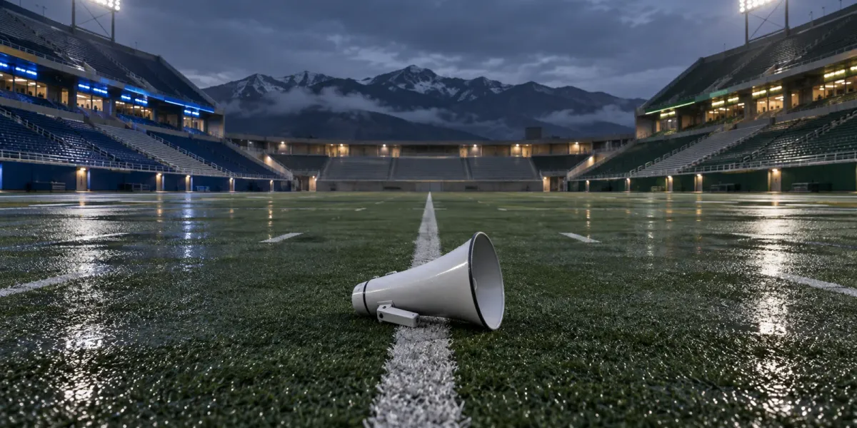 Original editorial illustration of one switched-off megaphone on an empty rain-soaked field between blue and green stadium sections.