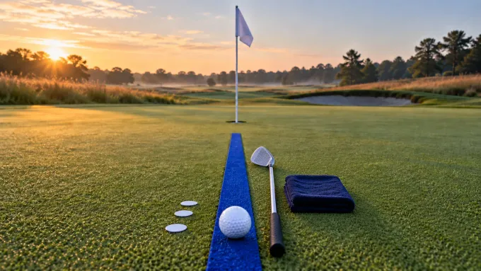 Original editorial image of one golf ball on a royal-blue alignment strip beside three blank markers, a navy towel and one iron aimed toward an empty cup.