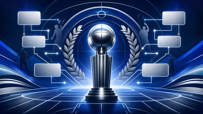 Abstract navy and royal basketball court with a trophy silhouette, vintage stat sheet and modern recruiting-board cards, created for BYU Sport Nuts.