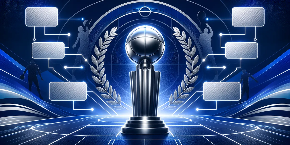 Abstract navy and royal basketball court with a trophy silhouette, vintage stat sheet and modern recruiting-board cards, created for BYU Sport Nuts.