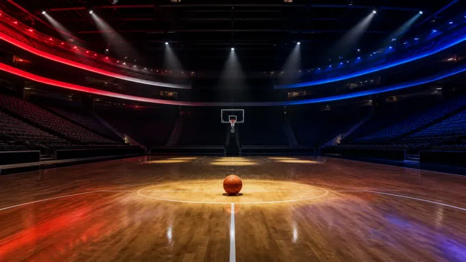 Original editorial illustration of a basketball on an empty court under red, white and blue arena lights.