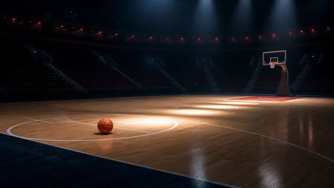 Original editorial illustration of one basketball on an empty arena court beneath five pools of light.