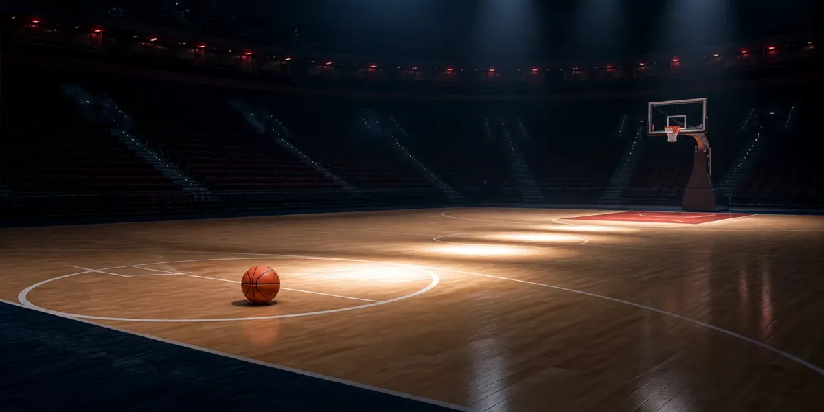 Original editorial illustration of one basketball on an empty arena court beneath five pools of light.