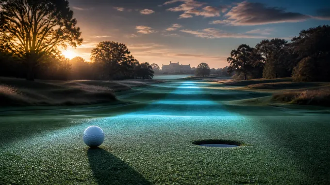 Original editorial illustration of a golf ball beside a cup on an empty parkland course crossed by blue light.