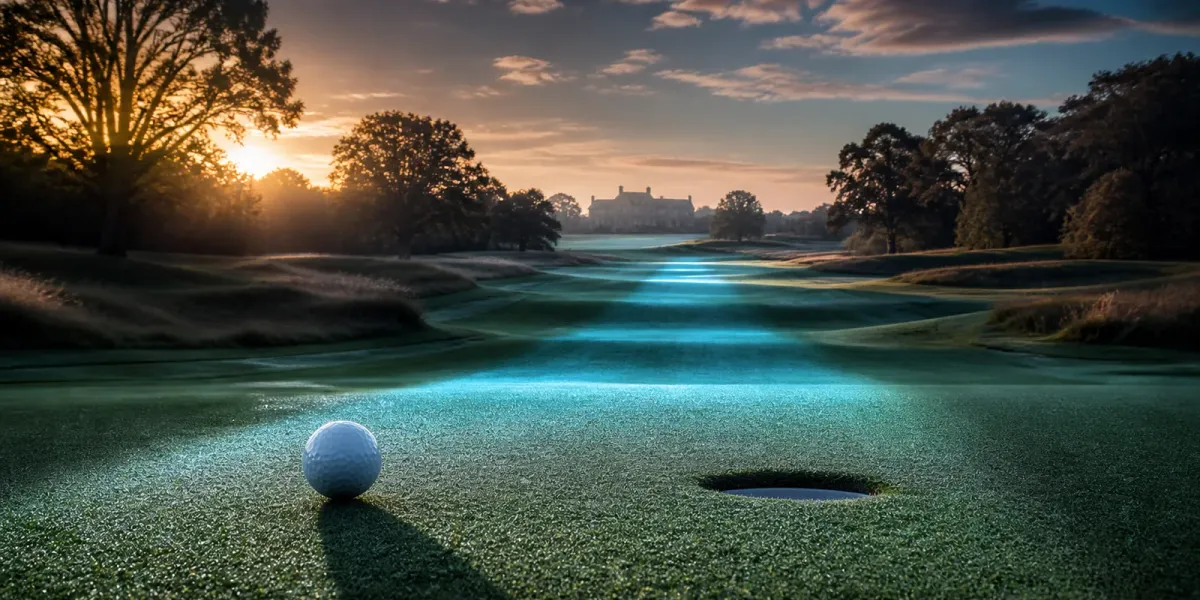 Original editorial illustration of a golf ball beside a cup on an empty parkland course crossed by blue light.