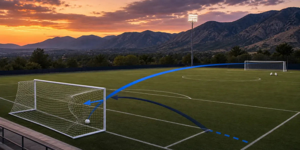 Original editorial illustration of two blue soccer routes converging on a goal at sunset.
