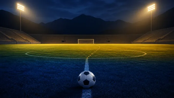 Original editorial illustration of one soccer ball on midfield between cool and warm halves of an empty mountain stadium.