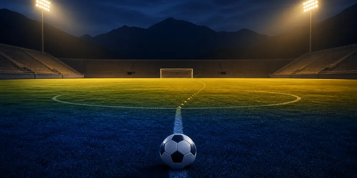 Original editorial illustration of one soccer ball on midfield between cool and warm halves of an empty mountain stadium.