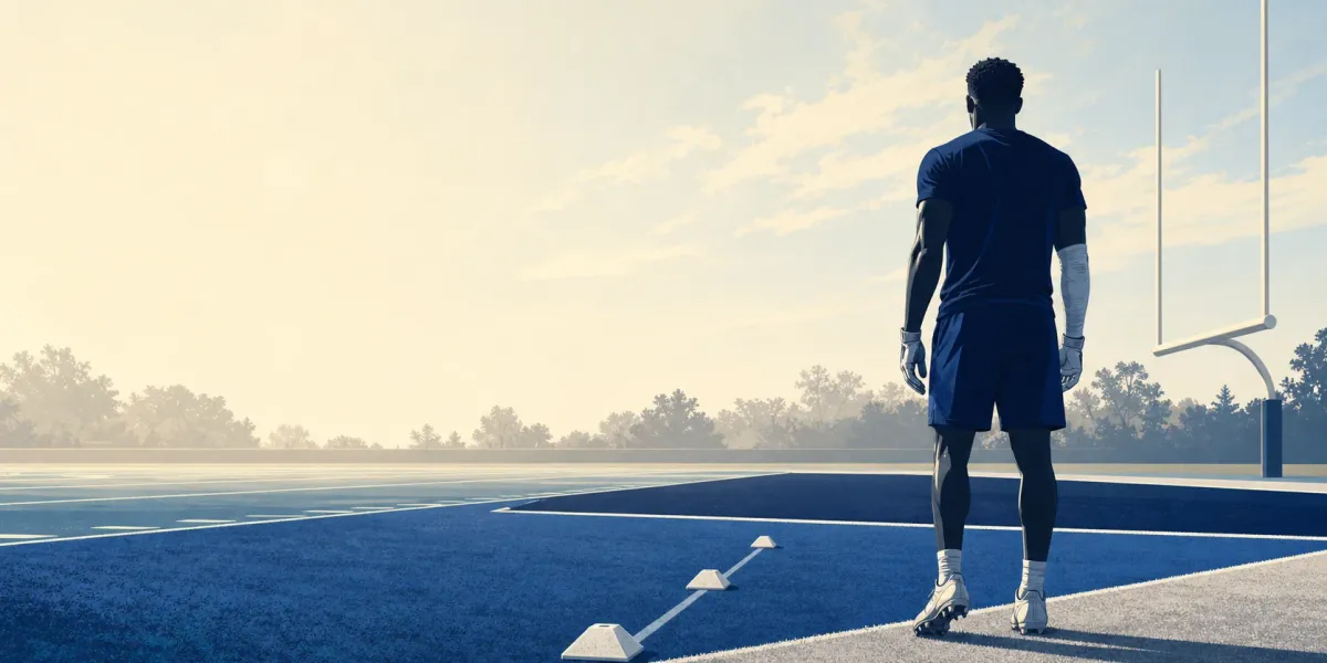 Original editorial illustration of an anonymous football defender approaching a practice field through a rehabilitation lane.