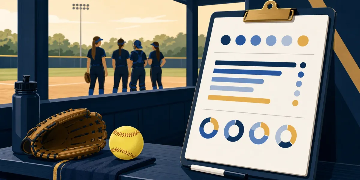 Original flat illustration of a softball dugout with generic players, a glove, ball and blank player-development charts on a clipboard.